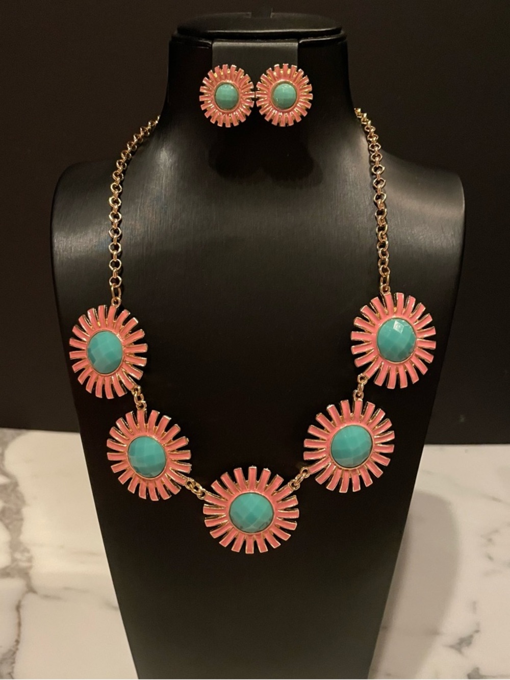 Whimsy Gold-Tone Pink & Turquoise Floral Necklace and Stud Earring Set